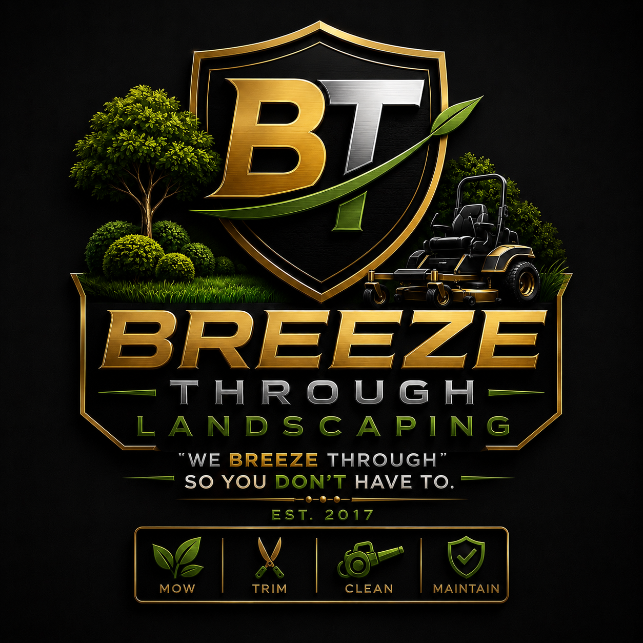 Breeze Through Landscaping shield logo with mower and greenery